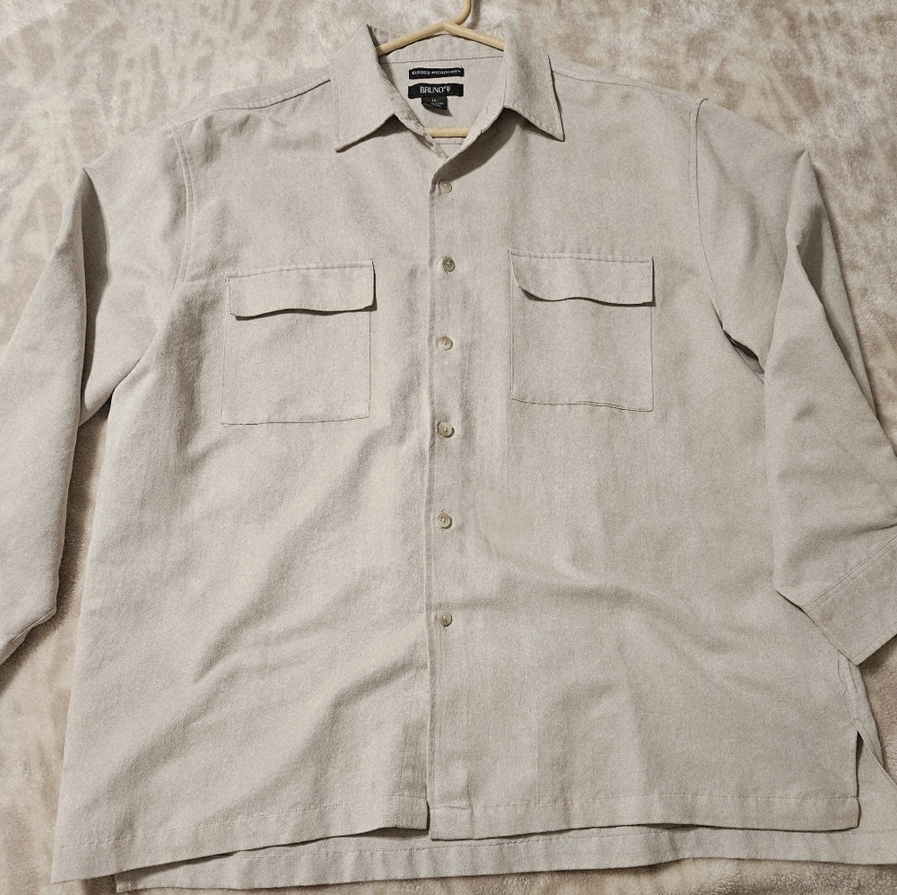 Mens Bruno Beige Button-Up Microfiber Dress Shirt
